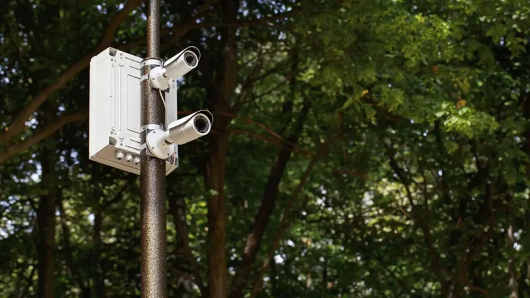 Câmera de alta tecnologia da Pano AI instalada no topo de uma montanha, vigiando a floresta para detectar fumaça de incêndio.