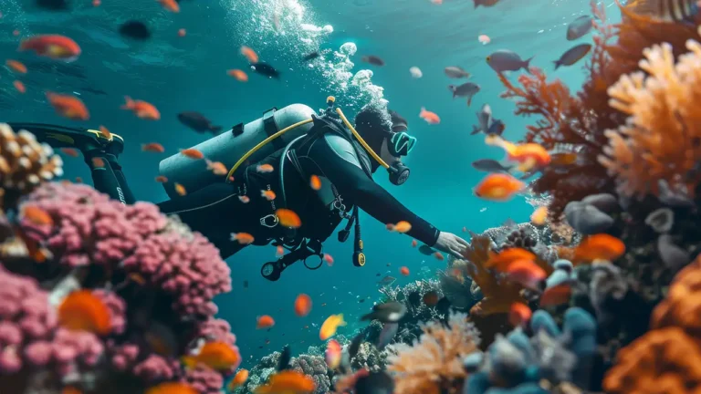 Mergulhador científico instalando um alto-falante subaquático em um recife de coral para atrair peixes jovens através do som.