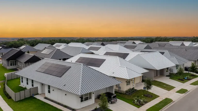 Casas modernas com paredes texturizadas no bairro Wolf Ranch, no Texas, construídas inteiramente por impressoras 3D gigantes.