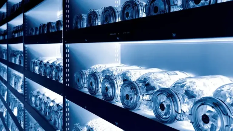 Cientista examinando frascos de sementes raras dentro do cofre subterrâneo do Millennium Seed Bank, o maior banco de sementes de plantas selvagens do mundo.