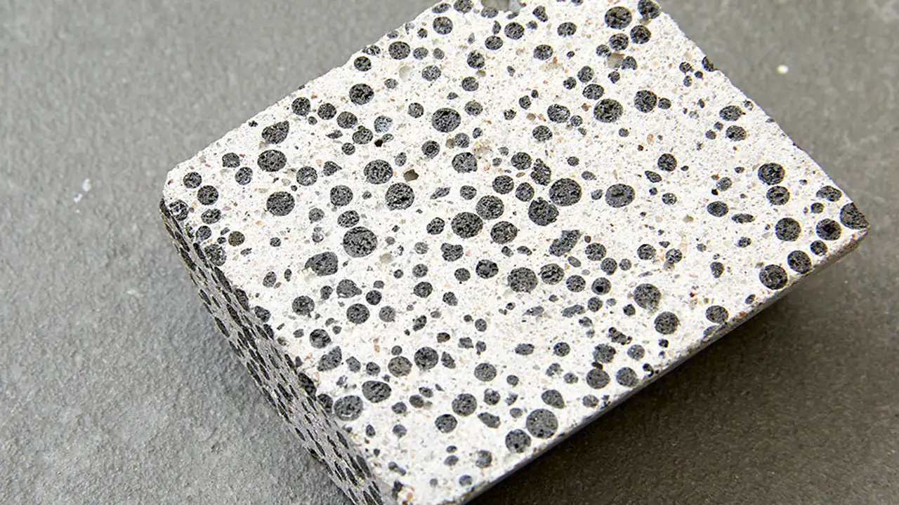 Uma foto em close de um bloco de concreto rachado onde a rachadura está preenchida com uma substância branca (calcário), ou um cientista segurando um cubo de concreto com bactérias brilhantes (efeito artístico).