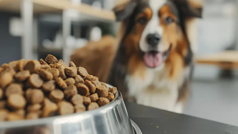 Cachorro feliz ao lado de uma tigela de ração feita de carne cultivada em laboratório, sem abate animal.