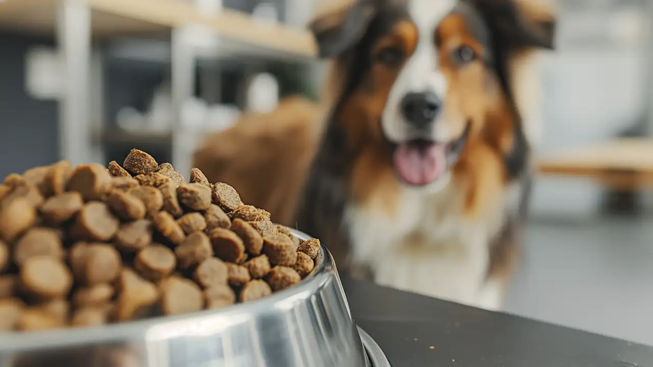 Cachorro feliz ao lado de uma tigela de ração feita de carne cultivada em laboratório, sem abate animal.