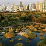 Ilustração de uma Cidade Esponja com jardins de chuva absorvendo água da tempestade