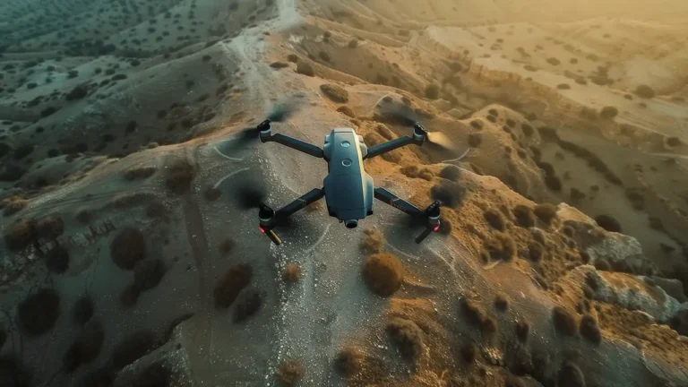 Drone de reflorestamento voando sobre solo árido na África, disparando cápsulas de sementes biodegradáveis para plantar árvores.