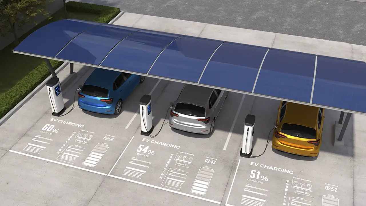 Estacionamento ao ar livre coberto por telhados de painéis solares, protegendo carros do sol e gerando energia limpa.