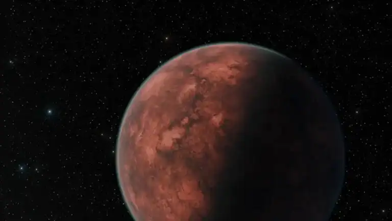 Concepção artística do exoplaneta Gliese 12 b, um mundo do tamanho da Terra, orbitando sua estrela anã vermelha de perto, com brilho avermelhado