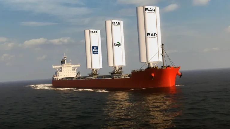 Navio cargueiro Pyxis Ocean navegando com suas velas rígidas WindWings erguidas para aproveitar a força do vento e economizar combustível.