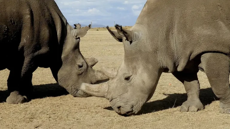 As duas últimas fêmeas de rinoceronte-branco-do-norte do mundo, Najin e Fatu, pastando sob proteção na reserva Ol Pejeta, no Quênia.