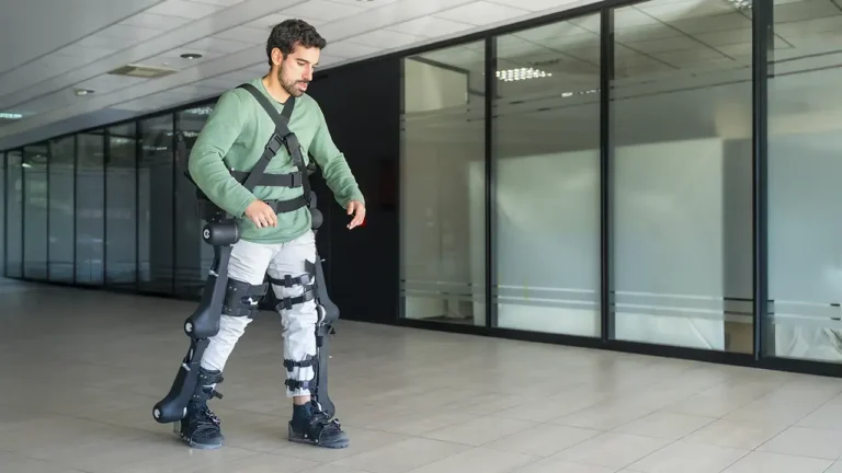 Paciente caminhando com o auxílio de uma roupa robótica macia (exosuit) presa às pernas, desenvolvida para reabilitação pós-AVC.