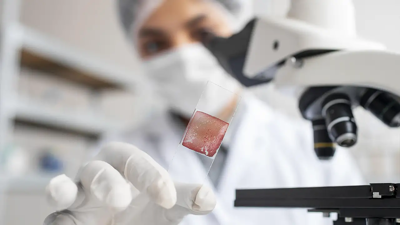 Uma ilustração médica mostrando células do sistema imunológico atacando uma célula cancerígena, ou um cientista segurando um frasco de vacina com uma fita de DNA/RNA ao fundo.