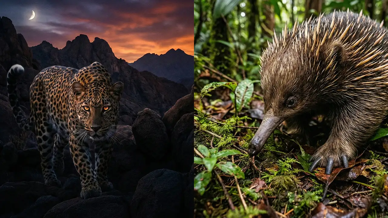 Colagem artística mostrando animais extintos redescobertos em 2025, incluindo o Leopardo de Baviaanskloof e a rara Equidna de Attenborough