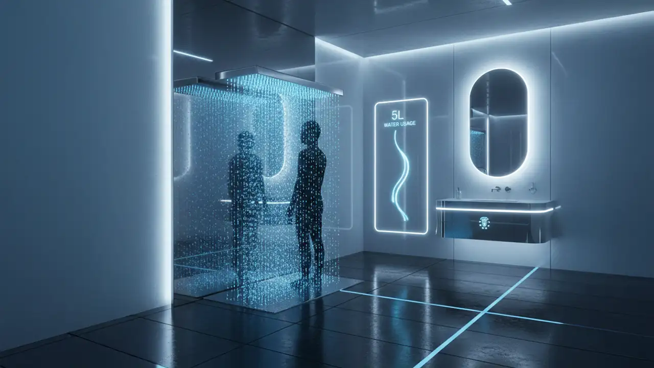 Chuveiro tecnológico com sistema de reciclagem de água e painel digital de economia.