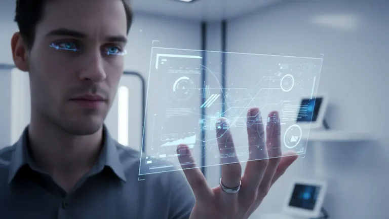 Homem utilizando anel inteligente com interface holográfica e lente de contato tecnológica em ambiente futurista.