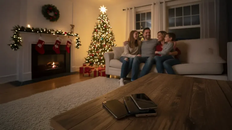 Família reunida no Natal com celulares empilhados e desligados sobre a mesa.