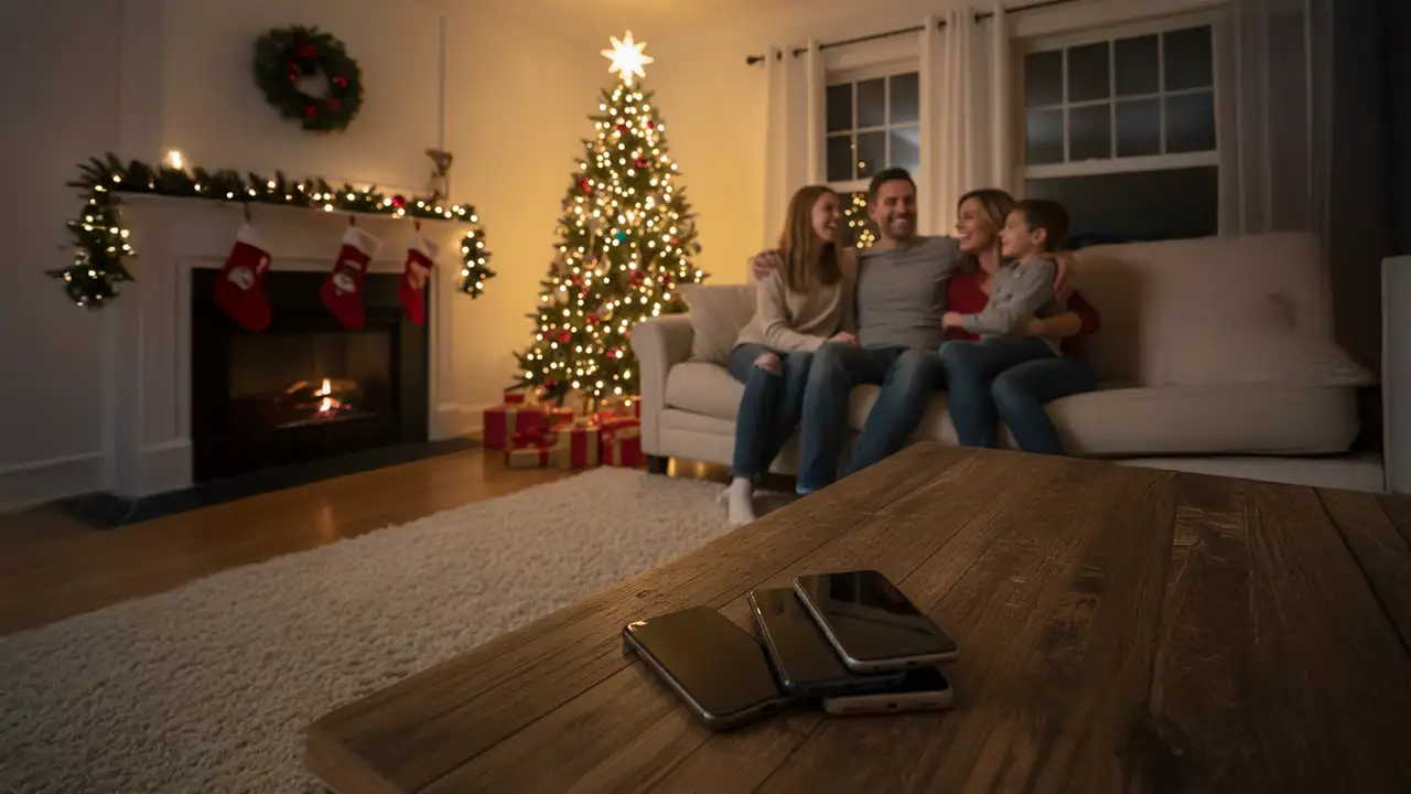 Família reunida no Natal com celulares empilhados e desligados sobre a mesa.