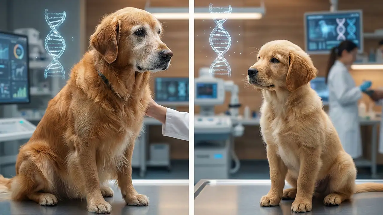 Comparação entre um cão adulto e seu clone filhote em laboratório.