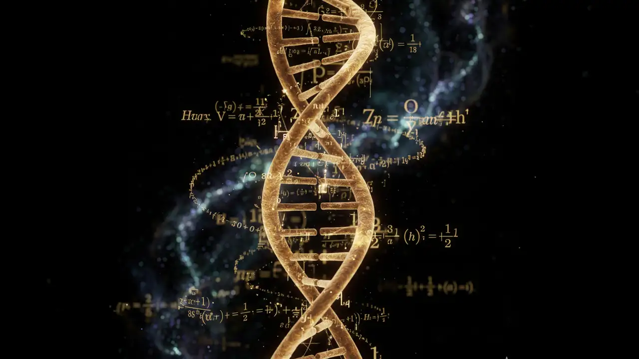 Ilustração de uma hélice de DNA integrada a códigos matemáticos e binários