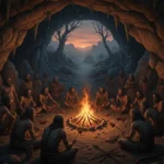 Grupo de ancestrais humanos ao redor de uma fogueira controlada em uma caverna.