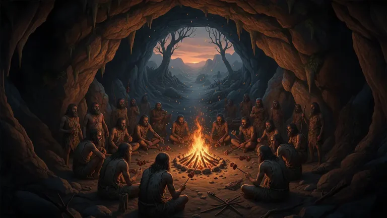 Grupo de ancestrais humanos ao redor de uma fogueira controlada em uma caverna.