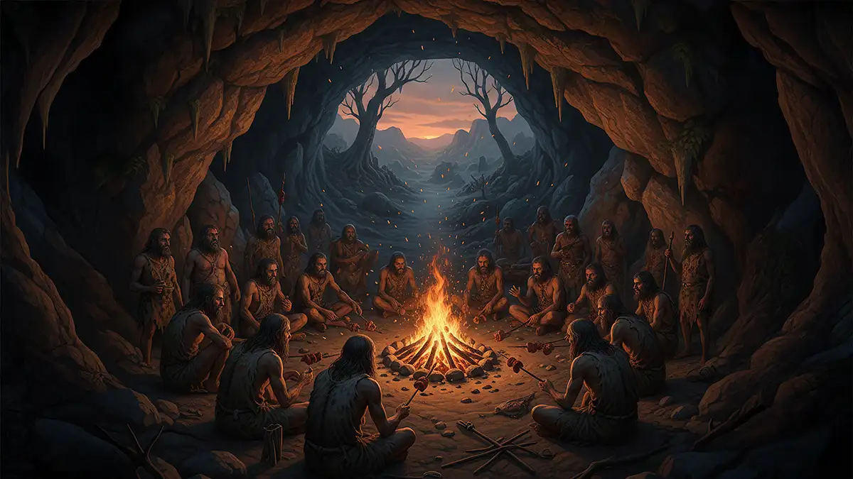 Grupo de ancestrais humanos ao redor de uma fogueira controlada em uma caverna.