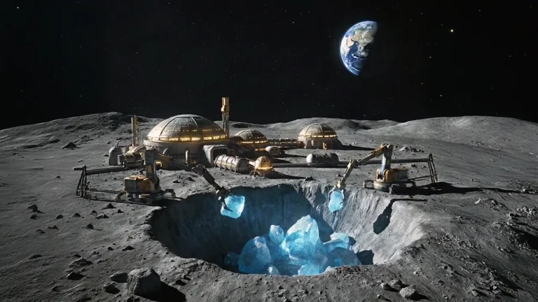 Ilustração da mineração espacial: base lunar extraindo gelo e drones aproximando-se do asteroide dourado Psyche 16.