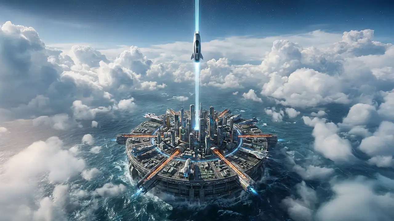 Conceito artístico do Elevador Espacial conectando o oceano ao espaço.