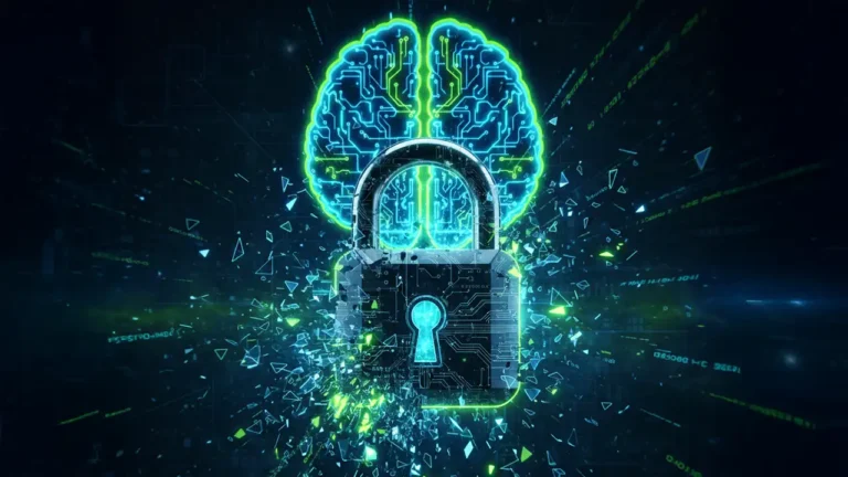 Cadeado digital quebrando com código binário e silhueta de inteligência artificial ao fundo.