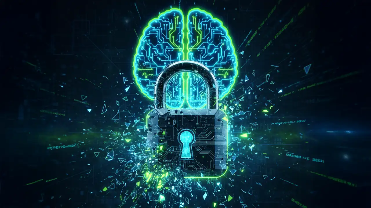 Cadeado digital quebrando com código binário e silhueta de inteligência artificial ao fundo.