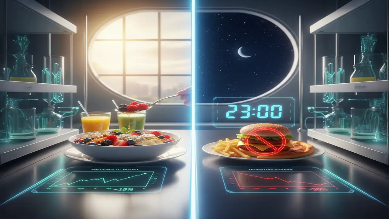 Infográfico conceitual sobre o ciclo circadiano e o horário ideal das refeições.