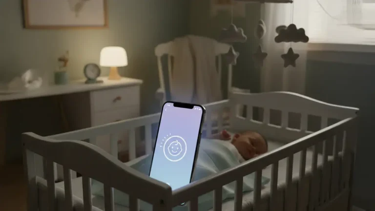 Smartphone com aplicativo de inteligência artificial traduzindo o choro de um bebê em um berço iluminado.