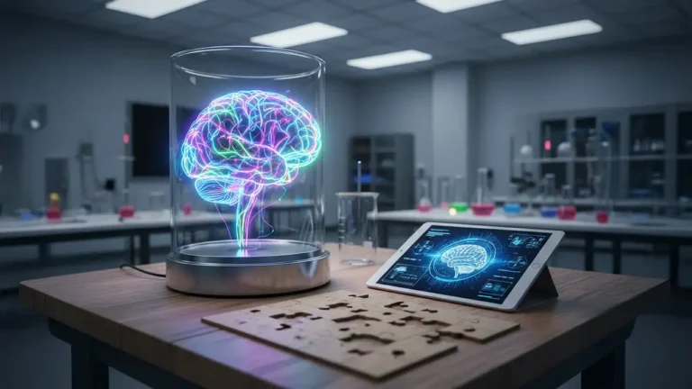 Representação visual de conexões neurais e jogos de lógica para saúde cerebral.