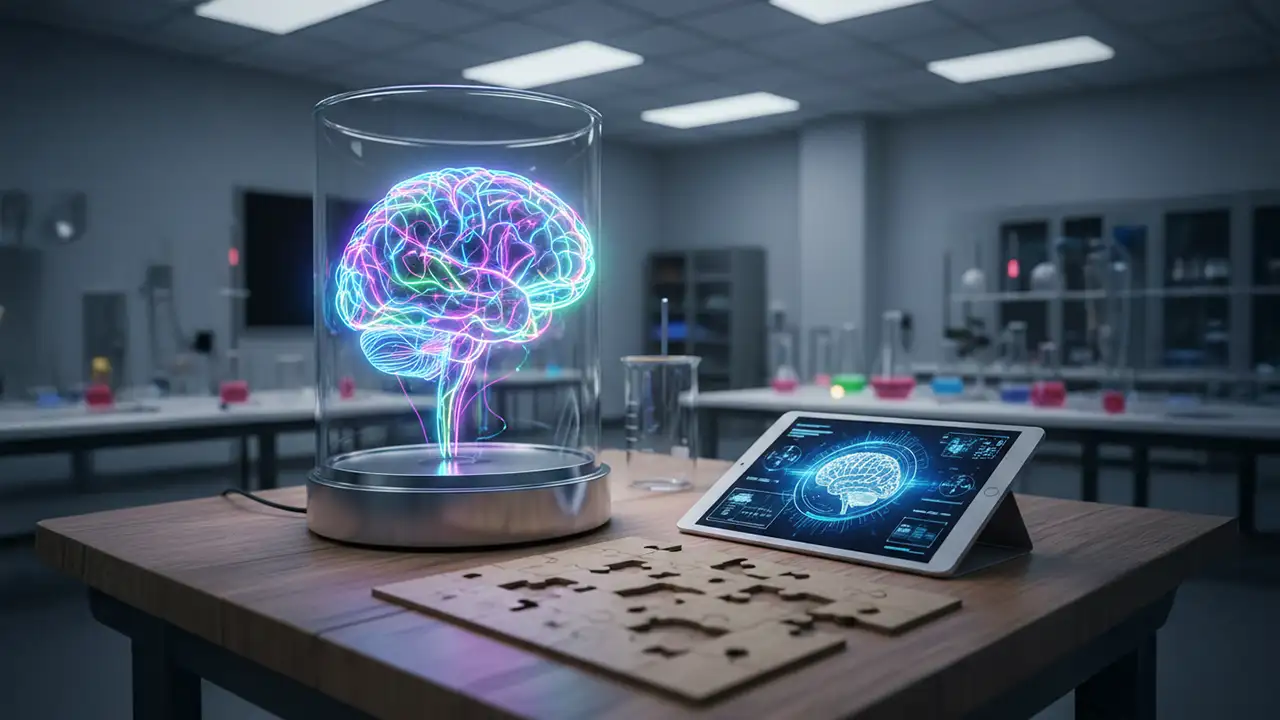 Representação visual de conexões neurais e jogos de lógica para saúde cerebral.