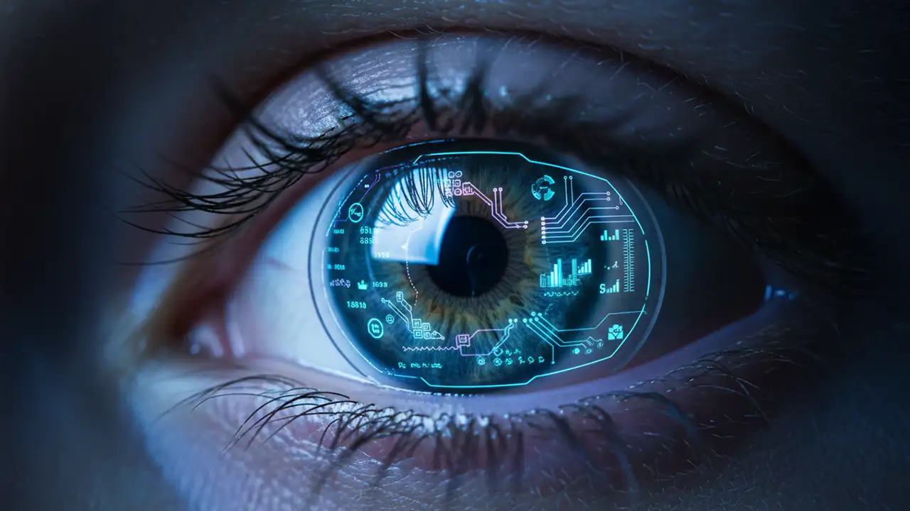 Close de olho humano utilizando lente de contato inteligente com circuitos integrados e brilho tecnológico.