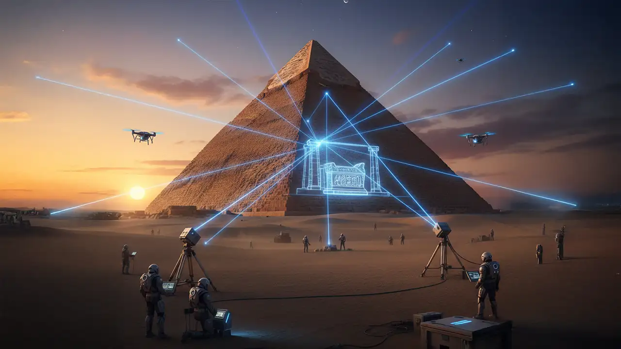 Tecnologia de escaneamento revelando câmaras ocultas nas pirâmides de Gizé