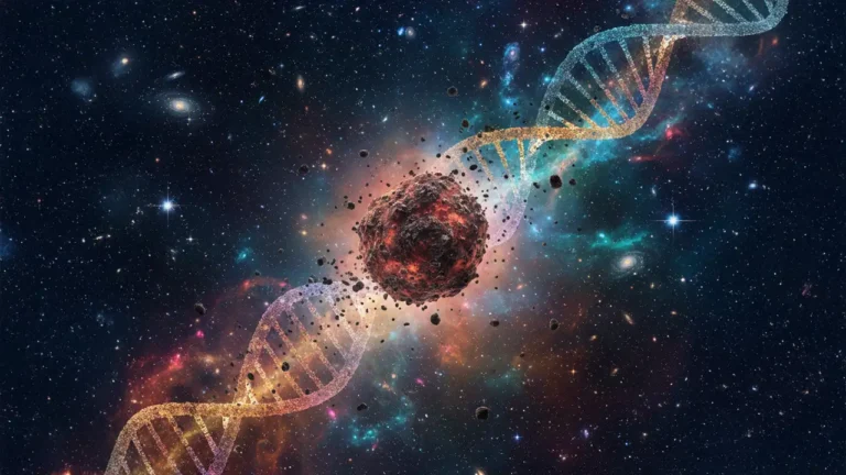Representação artística do asteroide Bennu e a conexão molecular com a vida humana.