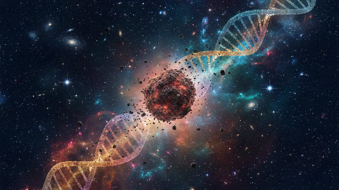 Representação artística do asteroide Bennu e a conexão molecular com a vida humana.