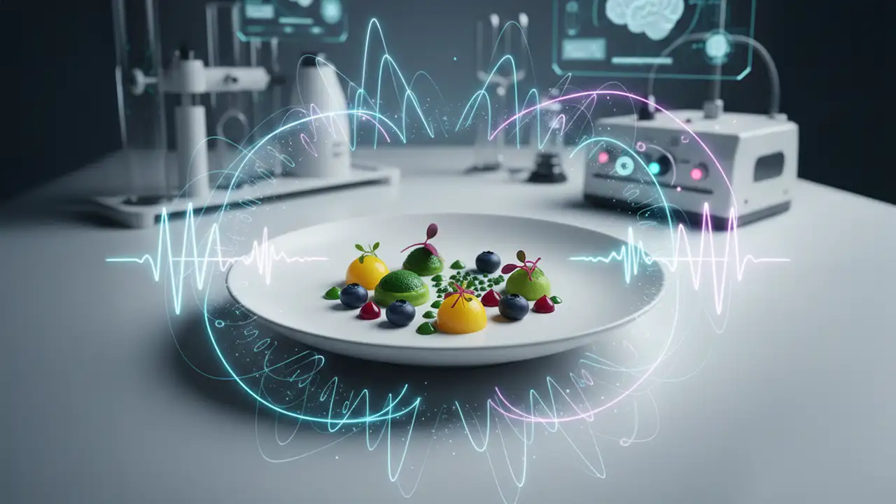 Representação visual da neurogastronomia unindo estímulos sensoriais e alimentação
