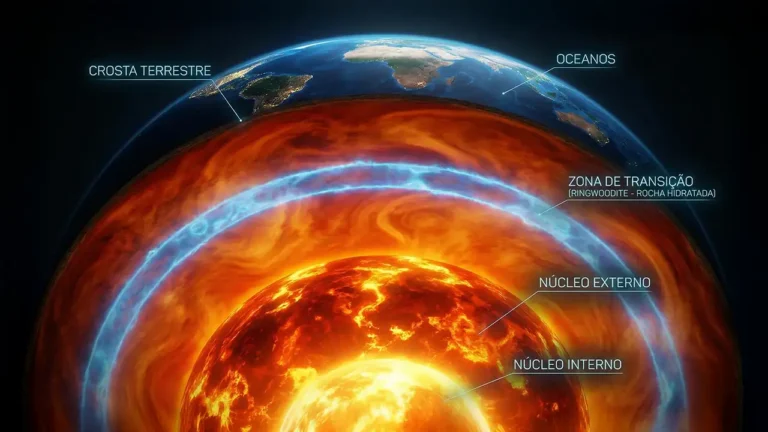 Corte da Terra mostrando o oceano subterrâneo na camada de ringwoodite