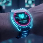 Smartwatch com inteligência artificial exibindo alerta de saúde preventiva para evitar burnout.