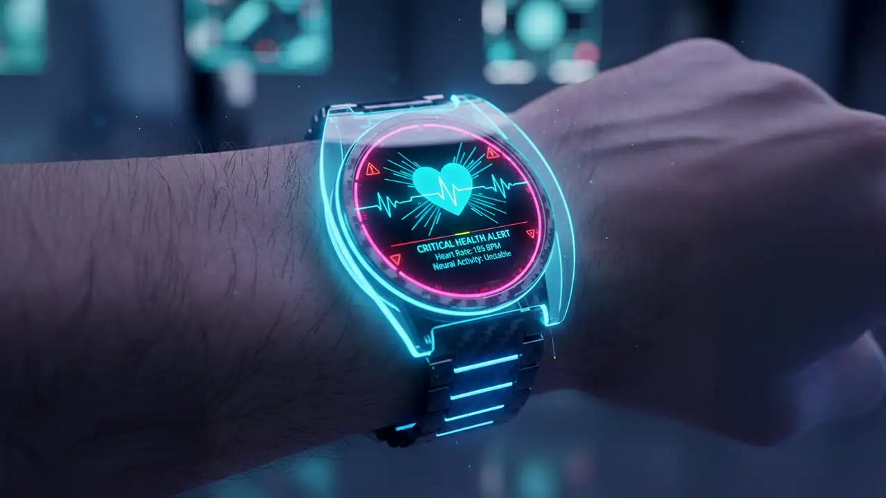 Smartwatch com inteligência artificial exibindo alerta de saúde preventiva para evitar burnout.