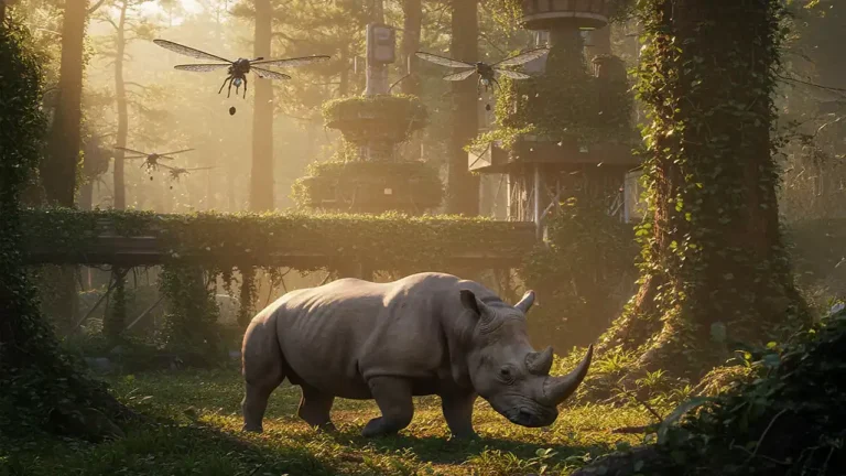 Ilustração de um rinoceronte branco em uma floresta futurista com drones semeadores, simbolizando a tecnologia aplicada na recuperação da natureza e desextinção.
