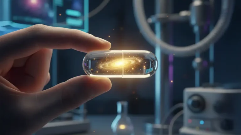 Representação artística da "pílula da longevidade" em um laboratório moderno.