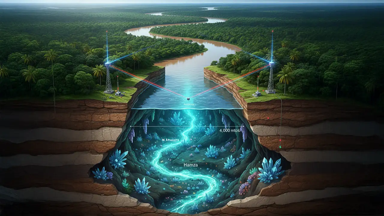 Corte geológico mostrando o Rio Amazonas na superfície e o rio subterrâneo da Amazônia nas profundezas.