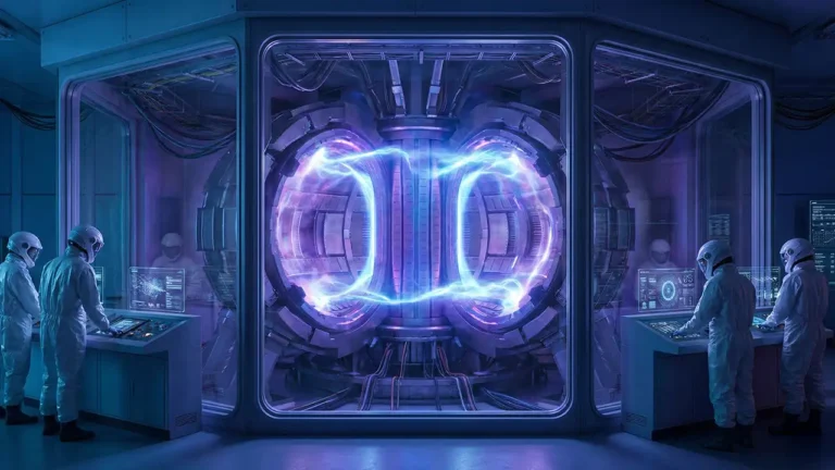 Interior do reator de fusão nuclear brilhando com plasma azul, conhecido como Sol Artificial.