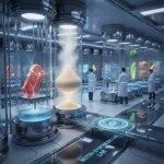 Laboratório futurista demonstrando tecnologias que criam comida sintética e cultivada.