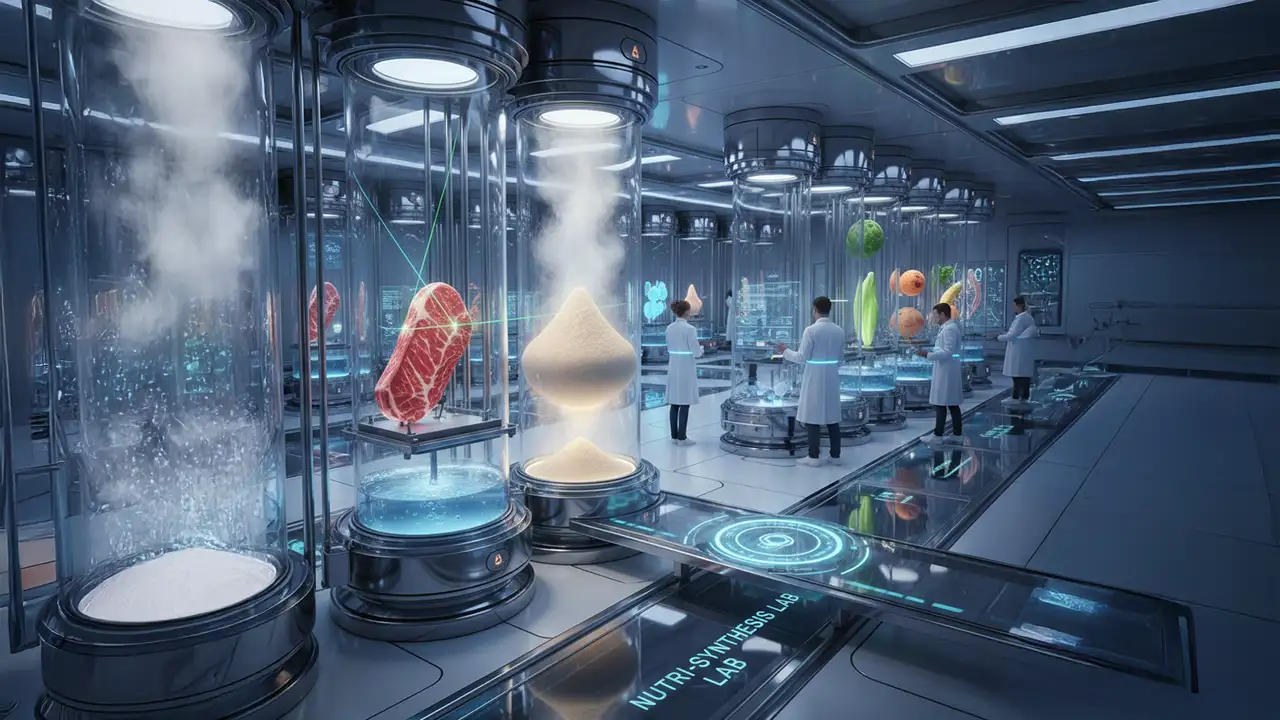 Laboratório futurista demonstrando tecnologias que criam comida sintética e cultivada.