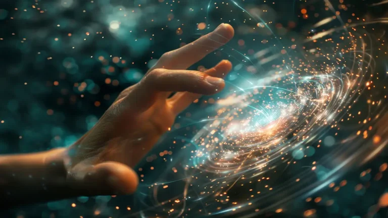 Ilustração de uma mão tocando uma galáxia para representar que o Universo foi Programado