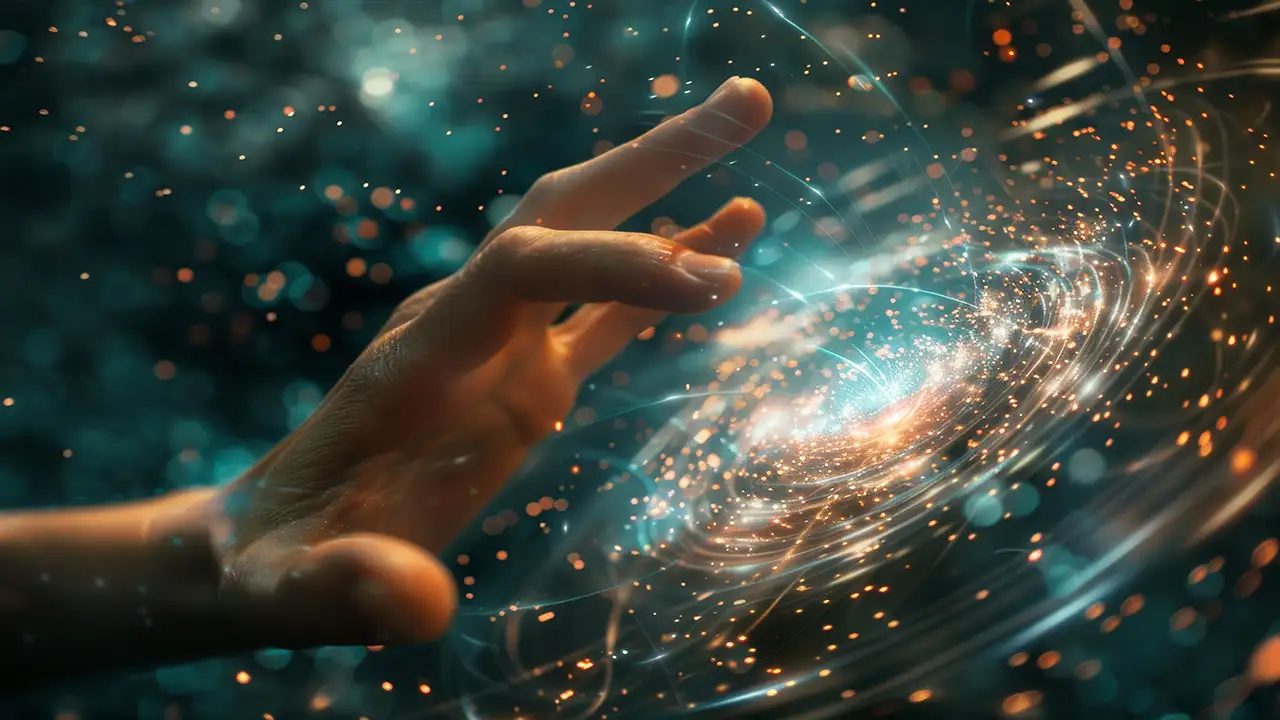 Ilustração de uma mão tocando uma galáxia para representar que o Universo foi Programado