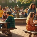 Alunos interagindo socialmente em um pátio escolar sem o uso de dispositivos eletrônicos.